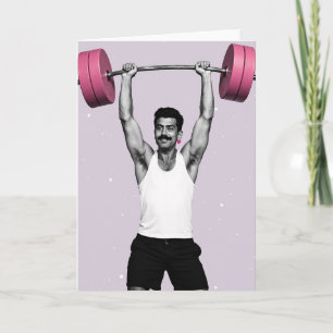 Cartão de arte pop rosa de homem forte