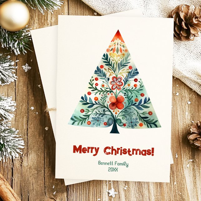 Cartão de árvore de Natal da família Feliz de Nata (Send warmth this Christmas with a Scandinavian-style watercolor tree card 🎄🎁)