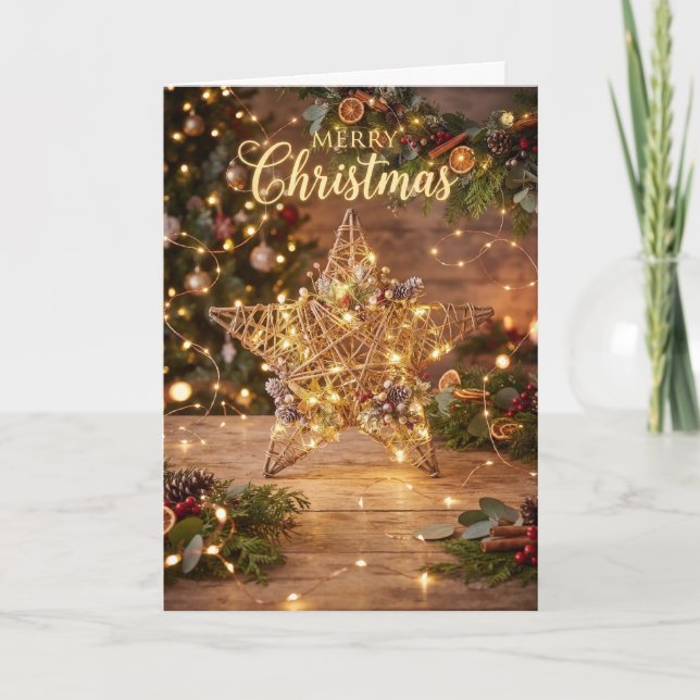 Cartão de árvore de Natal em ouro rústico (Frente)