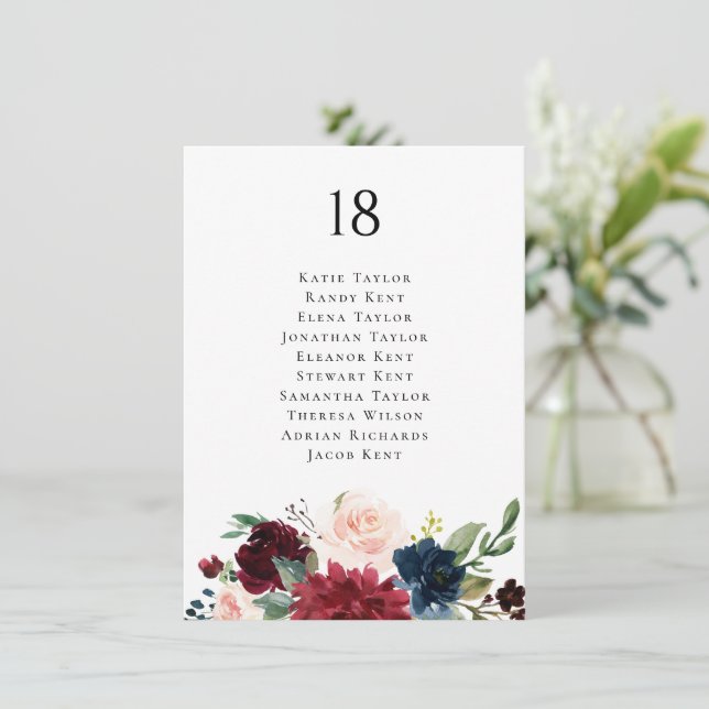 Cartão de Assento de Casamento Botânico Burgundy e (Em pé/Frente)
