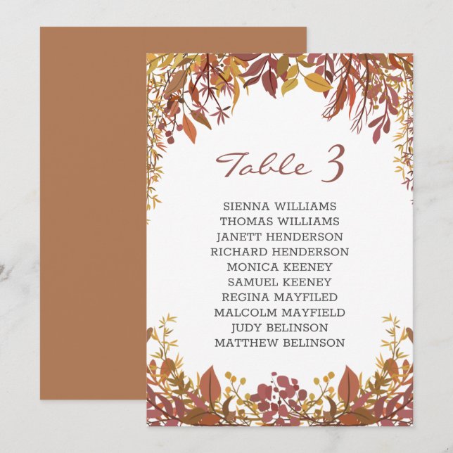 Cartão de assento de casamento com folhas de outon (Frente/Verso)