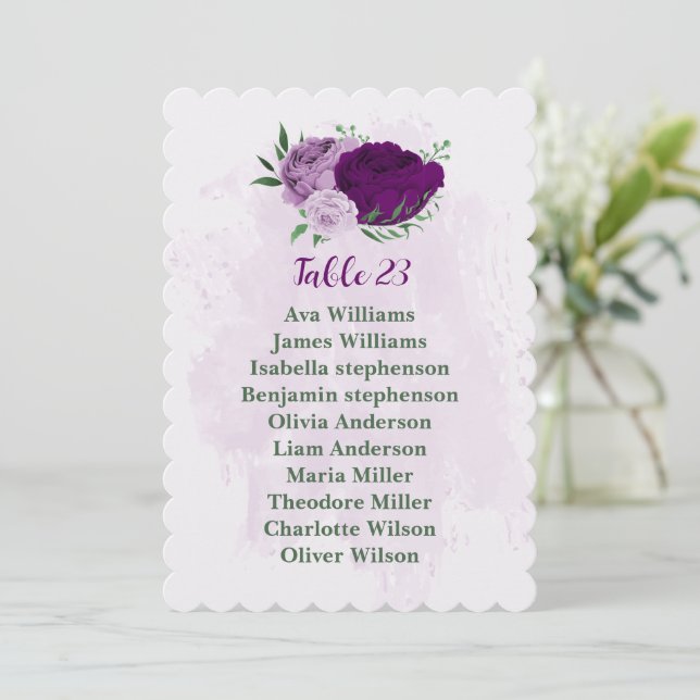 Cartão de assento roxo de flores roxas românticas (Em pé/Frente)