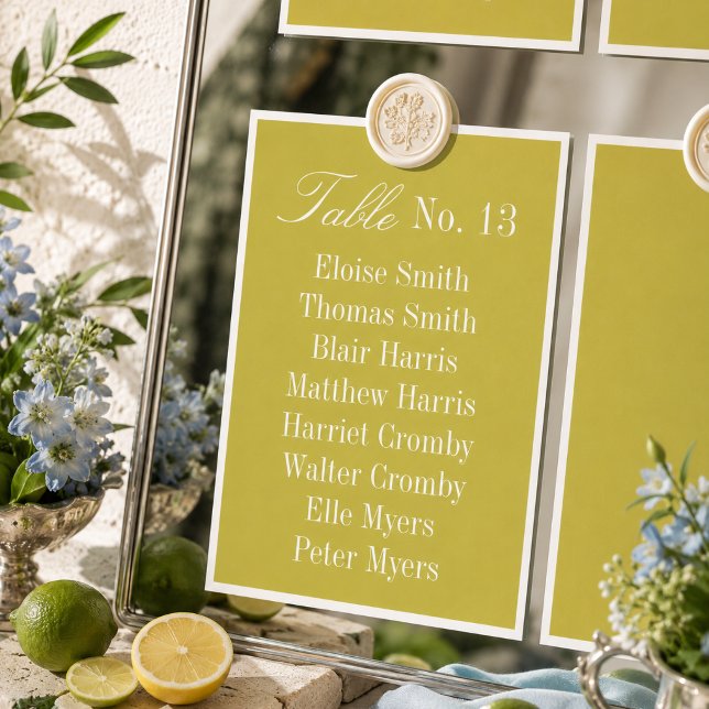 Cartão de Assentos de Casamento em Chartreuse Mode (Modern Chartreuse Wedding Seating Chart Table Number)