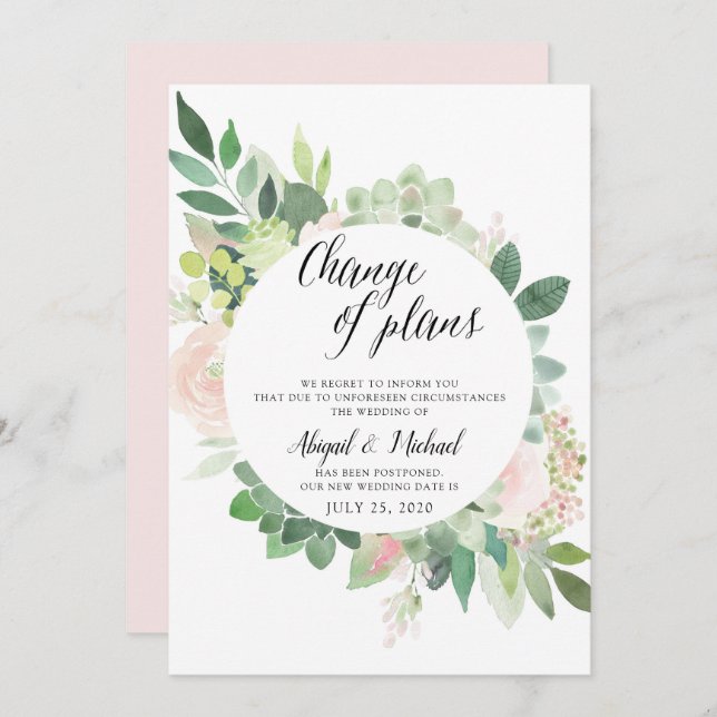 Cartão de Atualização de Casamento Adiado com Flor (Frente/Verso)