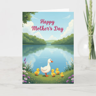 Cartão de Aves Aquáticas do Dia das Mães no Lago