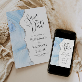 Cartão de aviso de data de casamento em prata e az