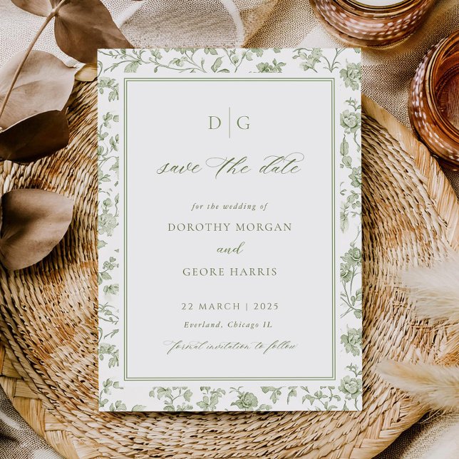 Cartão de aviso de data de casamento em verde sage (Criador carregado)