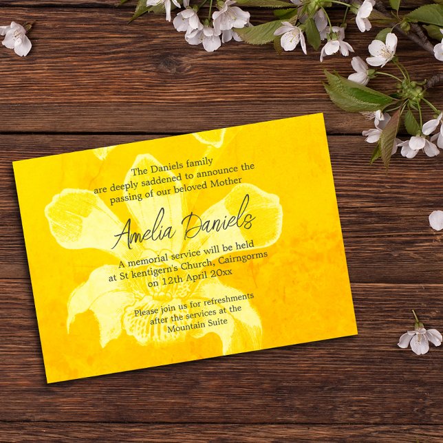 Cartão de Aviso de Funeral de Orquídea Amarela (Criador carregado)