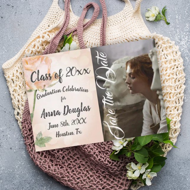 Cartão de aviso prévio floral rosa poeirento (botanical peach photo graduation party invitation light pink dusty peach roses floral grad save date)