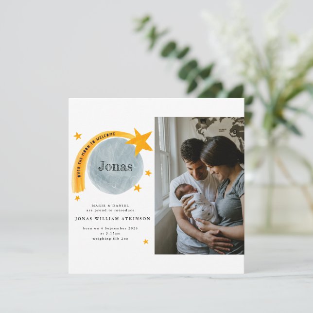 Cartão de Bebê de Star Moon com Nascimento em Aqua (Em pé/Frente)