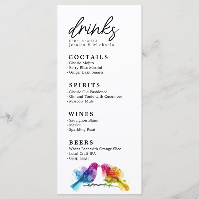 🌈 Cartão de Bebidas Rainbow Lovebird Collection (Frente)