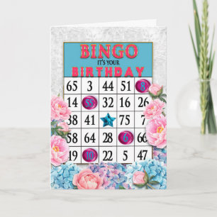 Cartão de Bingo de Aniversário e Flores Azuis Rosa