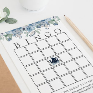 Cartão de Bingo de Bebê com Floral Azul da Festa d