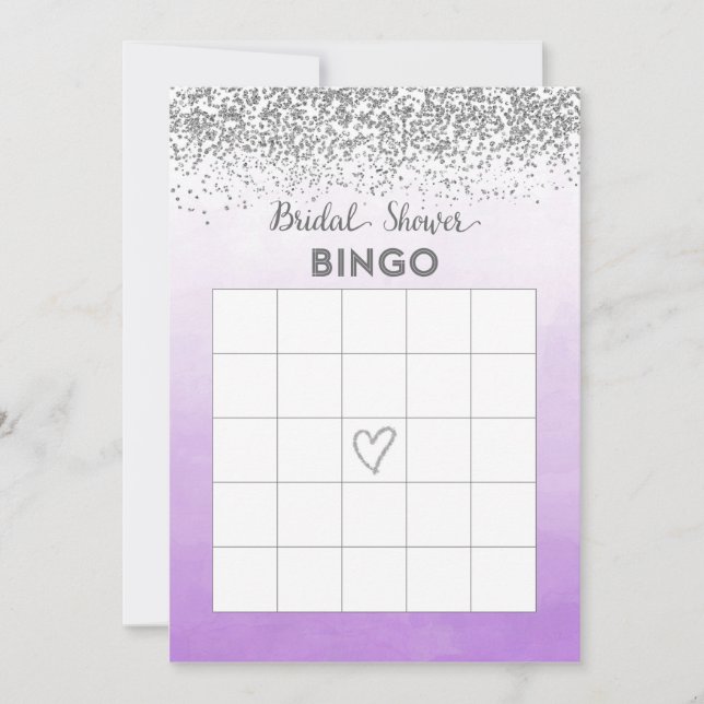 Cartão de Bingo de Casamento Roxo e Prata (Frente)