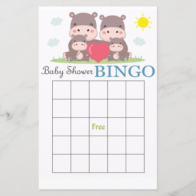 Cartão de bingo de chá de bebê de Hipopótamo Fofo (Frente)