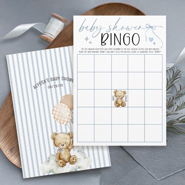 Cartão de Bingo de Chá de Bebê 'Mal Podemos Espera (We can bearly wait watercolor teddy bear blue stripes checkerboard balloons baby shower bingo game)