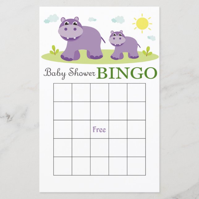 Cartão de bingo de chá de fraldas Hippo (Frente)