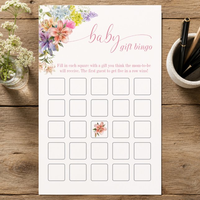 Cartão de Bingo de Presente de Bebê com Flores em  (Baby Gift Bingo Baby Shower - Baby in Bloom)