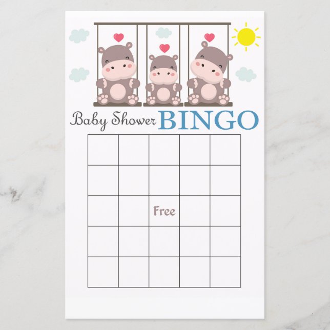 cartão de bingo para chá de bebê de hipopótamo (Frente)