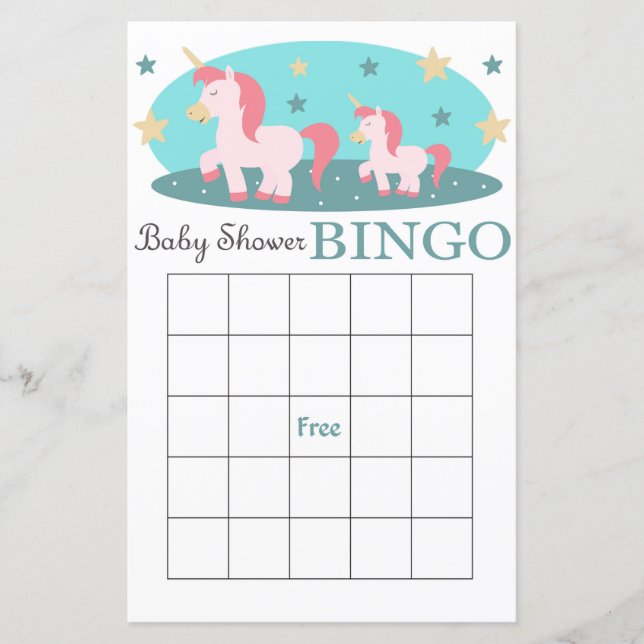 cartão de bingo para chá de bebê unicórnio (Frente)