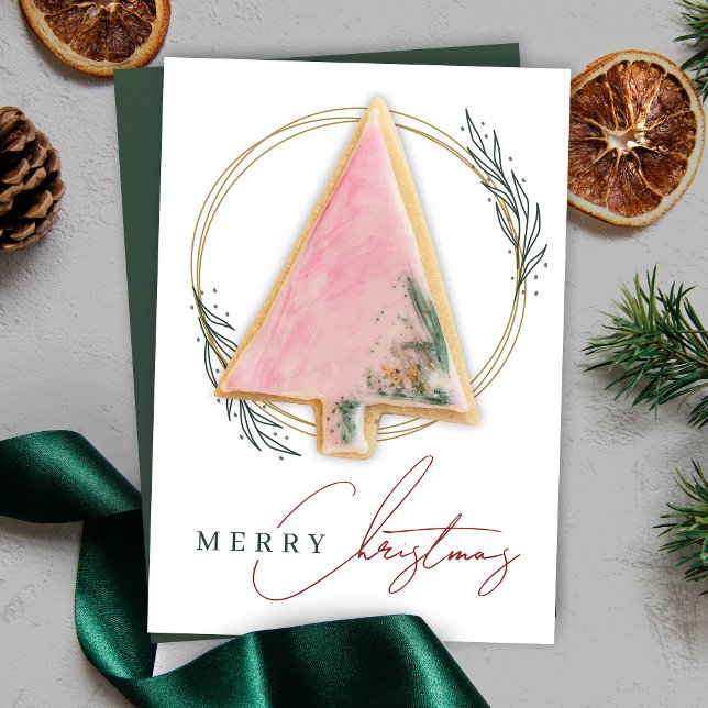 Cartão de Biscoito de Natal Elegante Dourado Green (Display your individual Christmas cookies in style with this elegant gold wreath cookie card design)