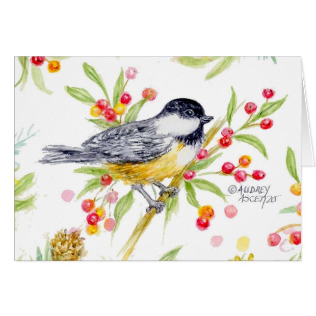 Cartão de Boas Festas Chickadee em Branco (Frente Horizontal)