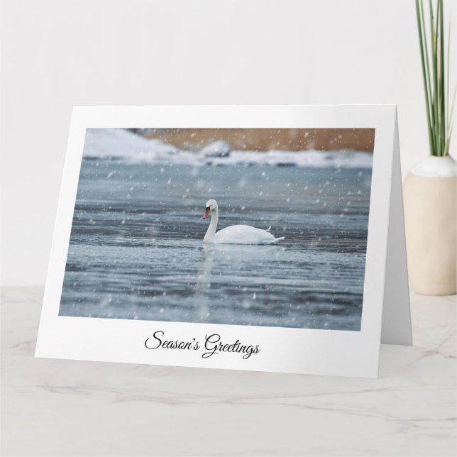 Cartão de Boas Festas com cisne branco na neve (Frente)