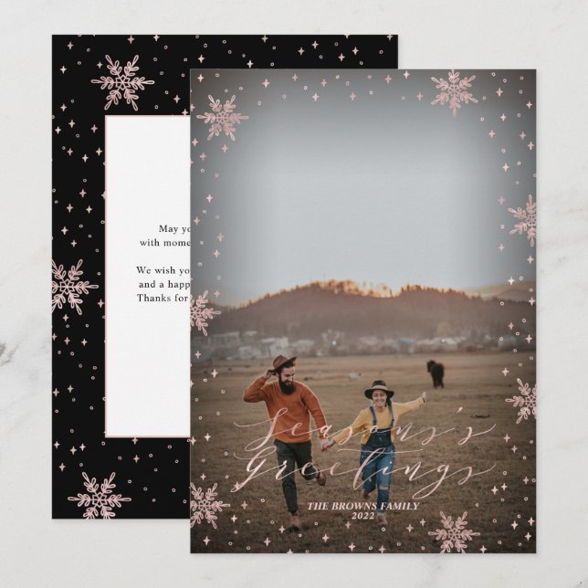 Cartão de Boas Festas com Foto de Flocos de Neve e (Frente/Verso)