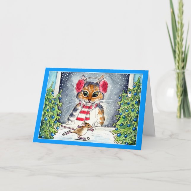 Cartão de Boas Festas com gato e rato de patins (Frente)