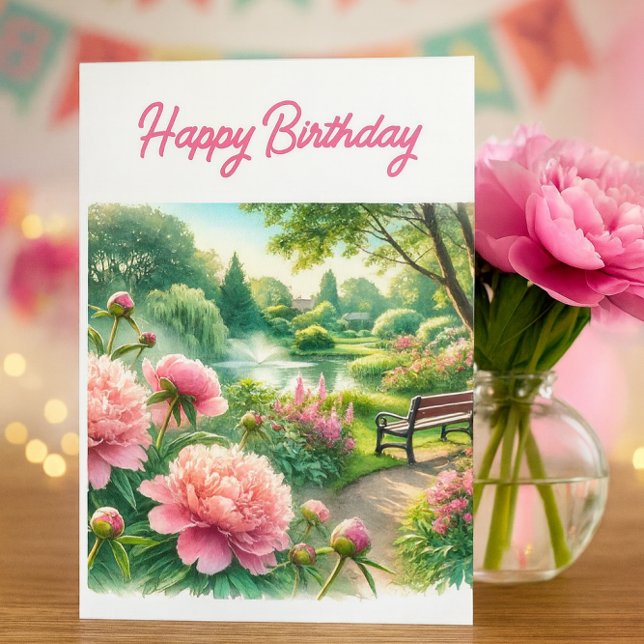 Cartão de Boas Festas de Aniversário com Peônias R (Elegant birthday card with pink peonies, garden bench, and fountain—peaceful and celebratory)