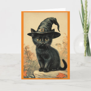 Cartão de Boas Festas de Gato em Chapéu de Bruxa