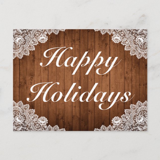 Cartão de Boas Festas de Madeira Rústica e Renda B (Frente)