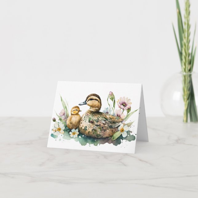 Cartão de Boas Festas de Mãe Pata e Filhote em aqu (Frente)