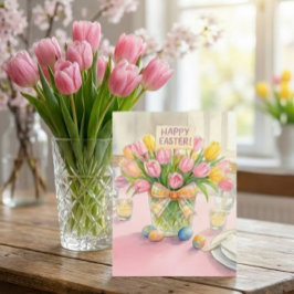 Cartão de Boas Festas de Páscoa com Tulipas Rosa p