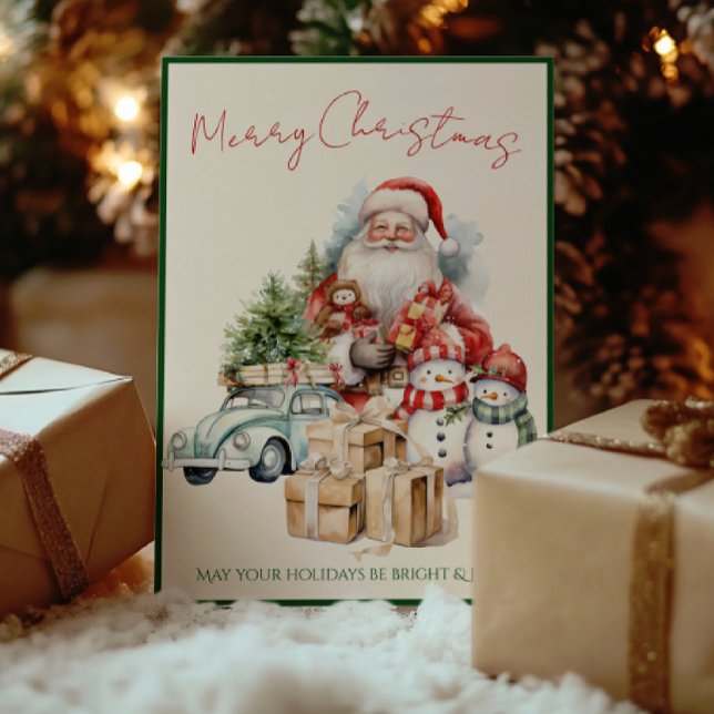 Cartão de Boas Festas do Papai Noel Alegre | Verme (Classic Santa Christmas card — red & green vintage charm for joyful, timeless holiday greetings. joy)