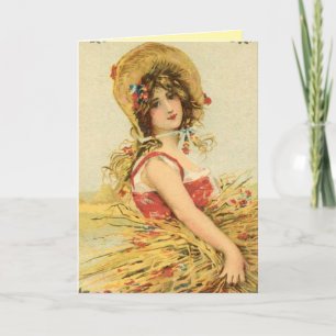 Cartão de Boas Festas Mulher da Colheita Vintage