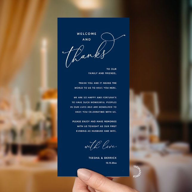 Cartão de Boas-Vindas 'Bem-vindo e Obrigado' para  (Modern Elegant Wedding Reception "Welcome and Thanks" Table Card for Guest in Navy Blue)