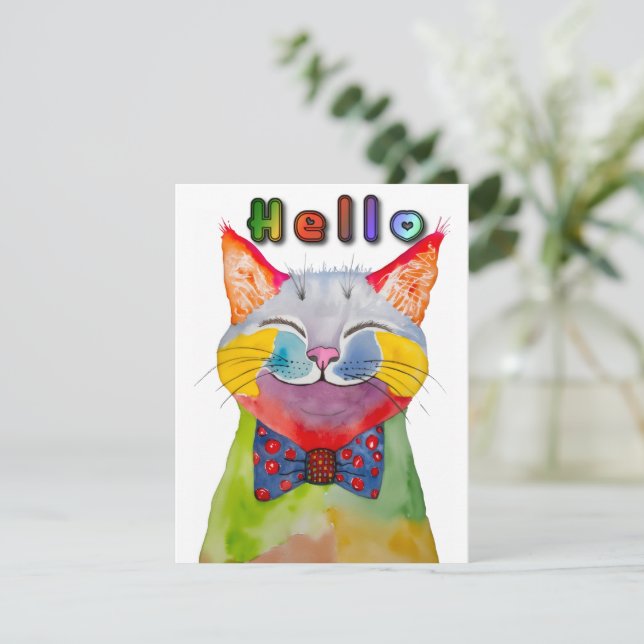 Cartão de Boas-Vindas de Gato Feliz em Aquarela (Em pé/Frente)