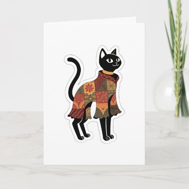 Cartão de Boas-Vindas de Gato Preto Boho Patchwork (Frente)