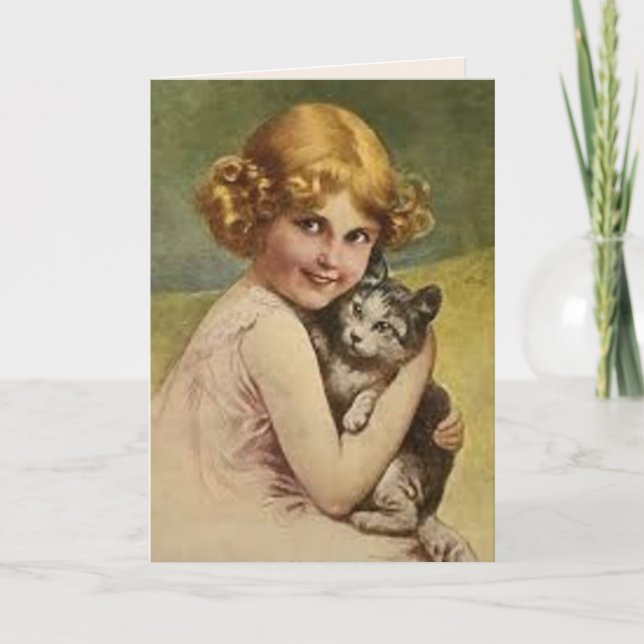 Cartão de Boas Vindas de MENINA VITORIANA COM GATO (Frente)
