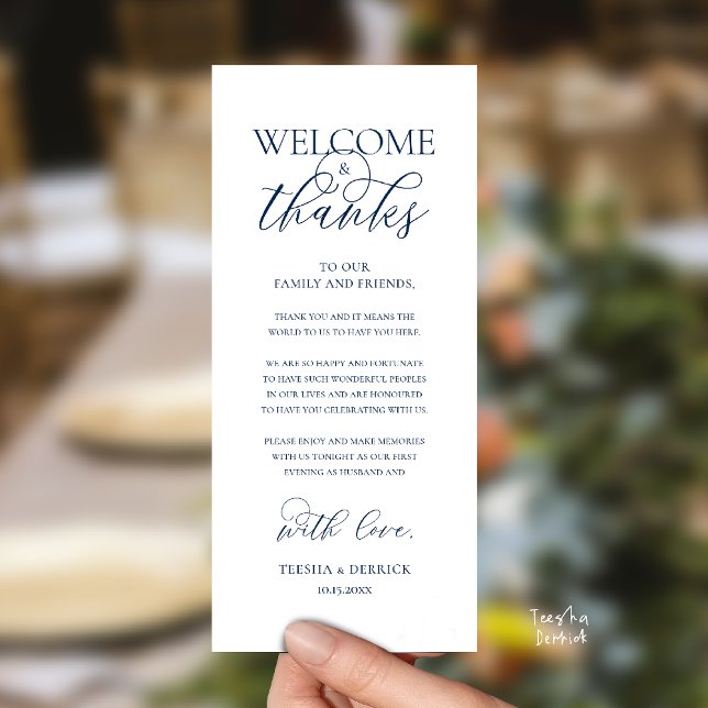 Cartão de Boas-Vindas e Agradecimento para Convida ("Welcome and Thanks" Elegant Wedding Reception Guest Thank you Card in Navy Blue)