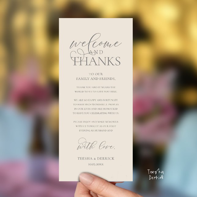 Cartão de Boas-Vindas e Agradecimento para Recepçã ("Welcome and Thanks" Classy Wedding Romantic Reception Guest Card in cream grey)