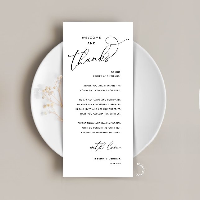 Cartão de Boas-Vindas e Agradecimento para Recepçã (Elegant Wedding Reception "Welcome and Thanks" Table Card for Guest in Black White)