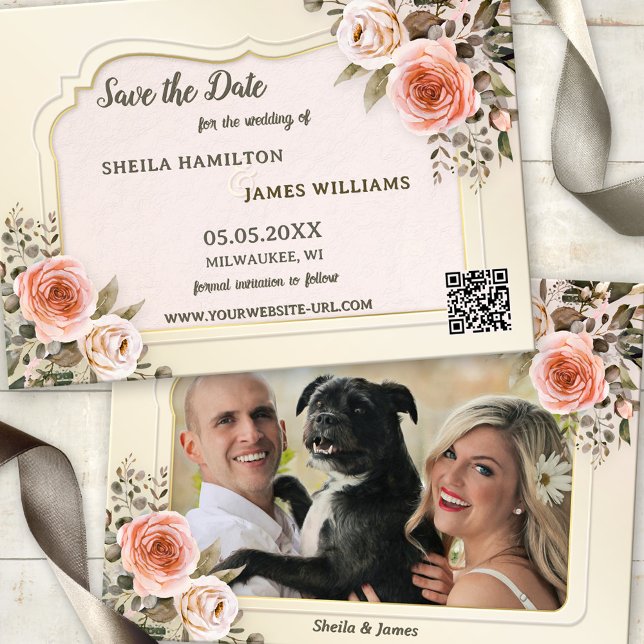 Cartão de Boho Chic de Aquarela para Salvar a Data (Save the Date card featuring romantic blush pink watercolor roses with your photo and a QR code)