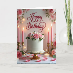 Cartão de Bolo de Aniversário de Rosa Elegante