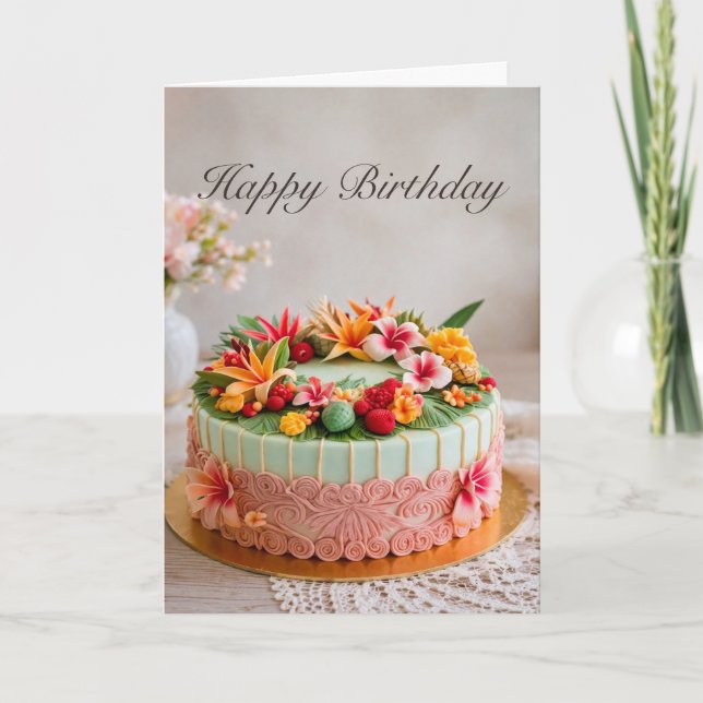 Cartão de Bolo de Aniversário Tropical (Frente)