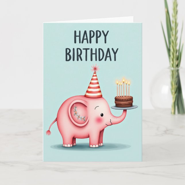 Cartão de Bolo de Elefante Rosa com Bolinhas (Frente)