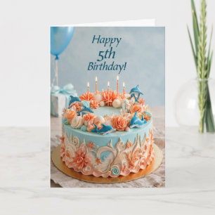 Cartão de Bolo de Golfinho de 5º Aniversário