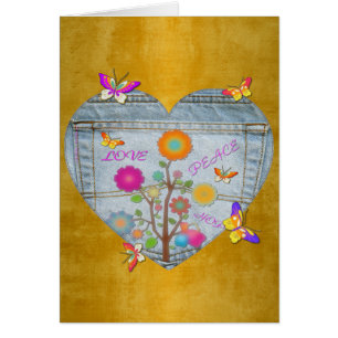Cartão de Borboletas de Flores Cardíacas Denim