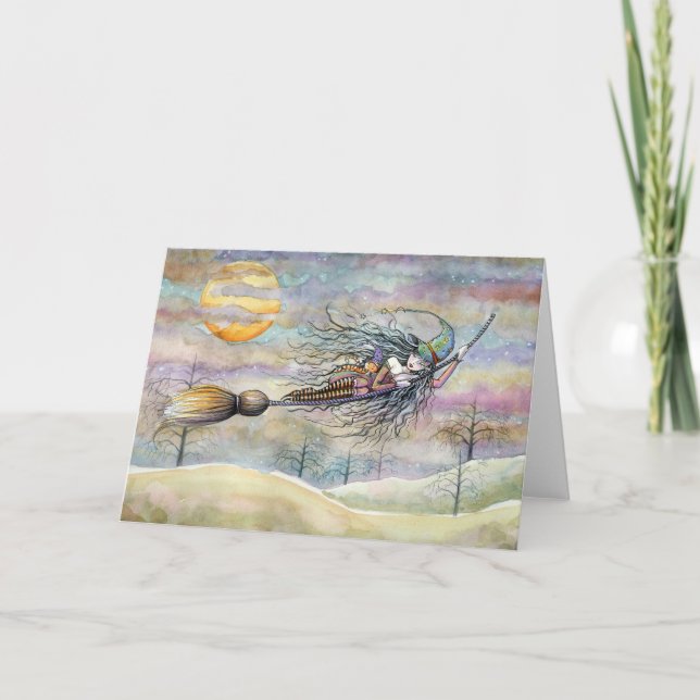 Cartão de Bruxa de Halloween de Voo Wondrous (Frente)